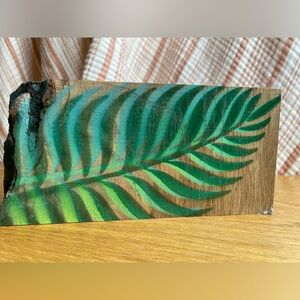 Handcrafted Wooden Block with Green Leaf Design